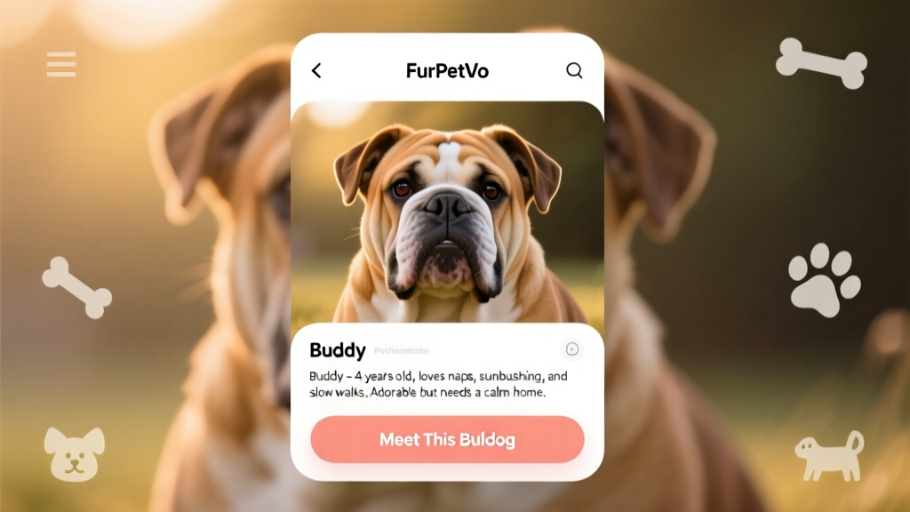 Screenshot-style mockup of a FurPetVo pet profile page showing photos, bio, and 'Meet This Bulldog' button