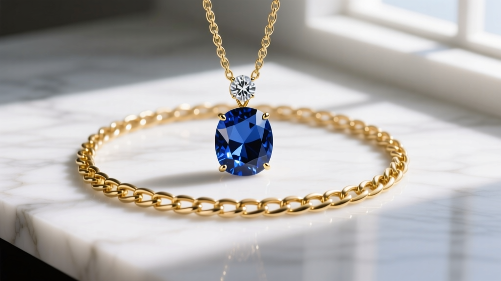 Flatlay of a solid 14k gold chain, a lab-grown diamond pendant, and a natural sapphire resting on a white marble surface.