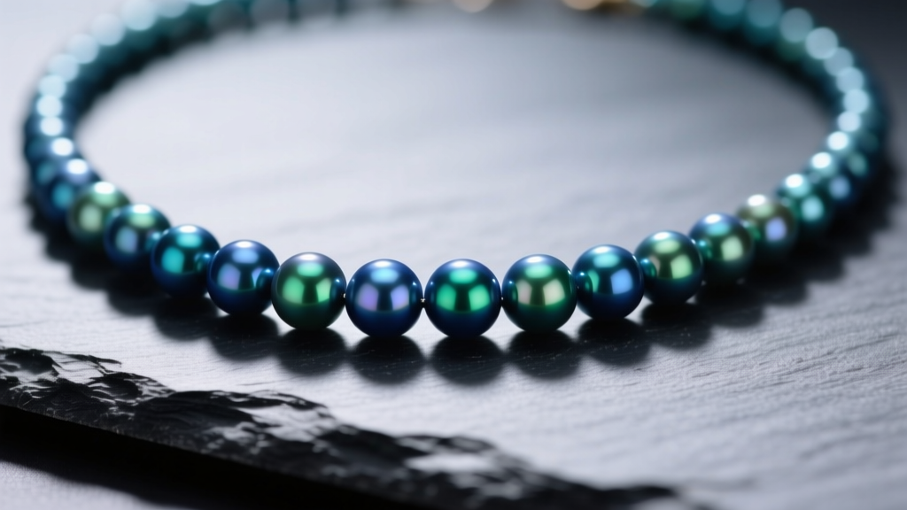 Macro shot of a 10mm Tahitian blue pearl necklace with peacock overtones, resting on dark slate under focused studio lighting