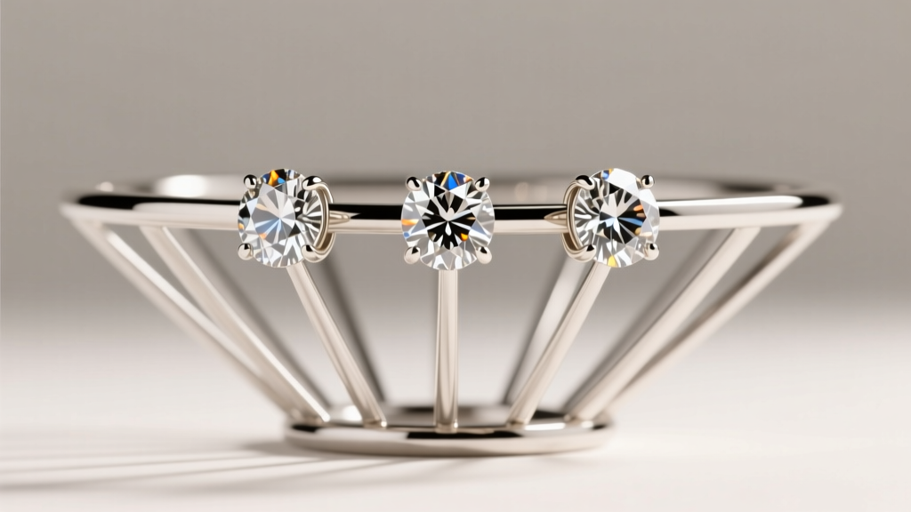 Close-up of a linear basket for three stone diamond earrings, showing shared 18k white gold prongs gripping the diamond girdles.