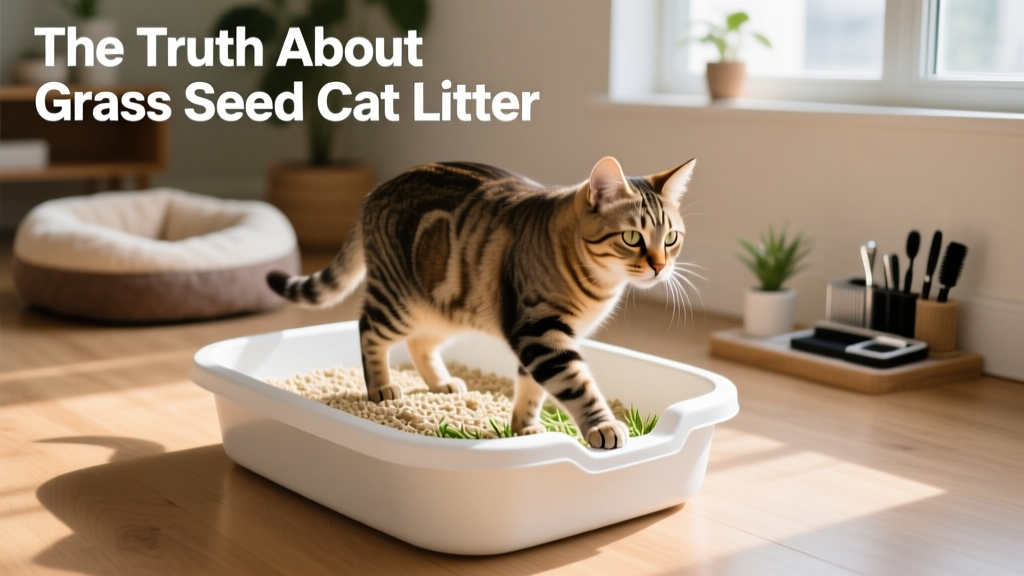 A cat stepping confidently into a litter box filled with FurPetVo grass seed litter, paws visible on the soft, light-colored granules
