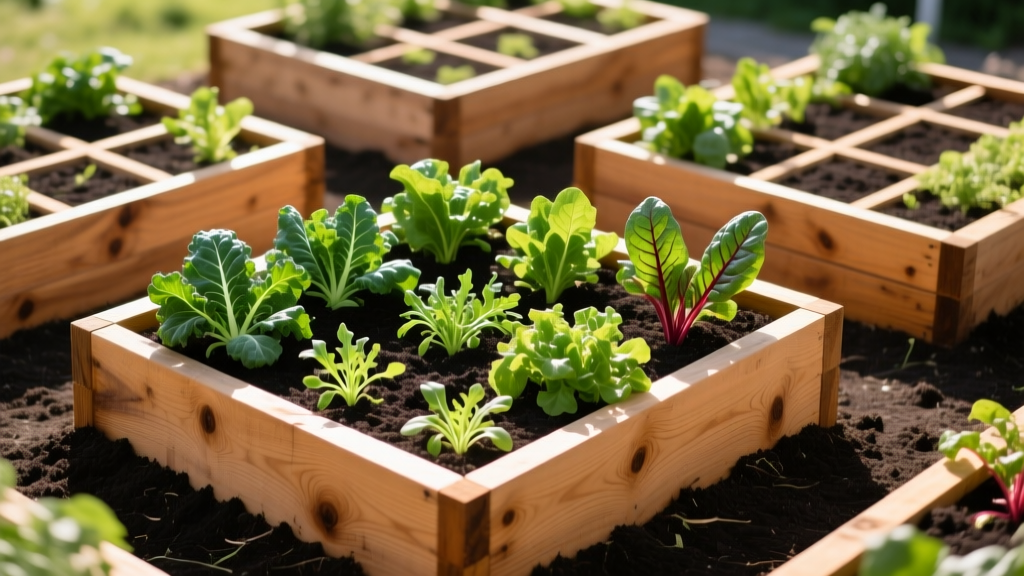 Overhead view of thriving raised garden beds built from rough-sawn cedar, filled with dark soil and leafy greens in bright sunlight