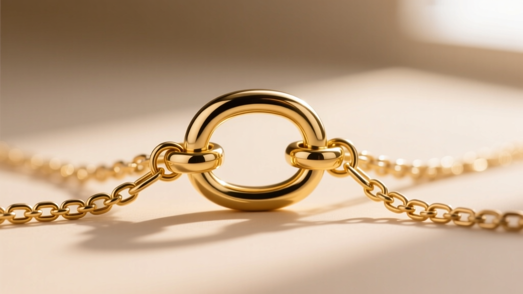 Macro shot of a gold spacer clasp securing three chain gauges to prevent tangling, set against a softly blurred neutral backdrop.
