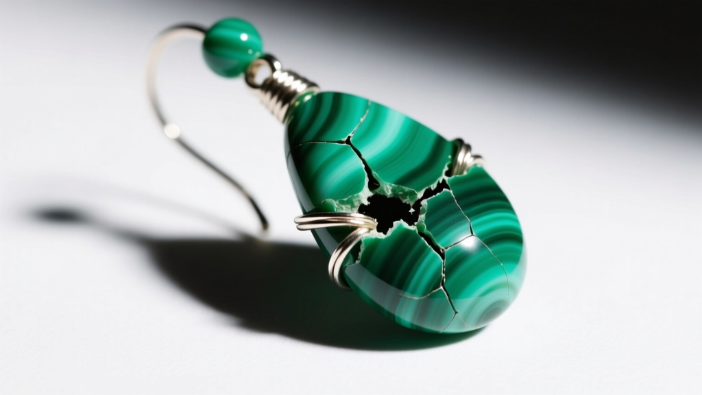 Macro shot of frayed beading wire protruding from a cracked malachite bead on a green beaded drop earring under bright studio lighting