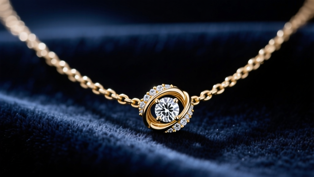 Close-up of a tangled 14k white gold diamond station necklace on dark velvet, showing a knot near a small round brilliant diamond.