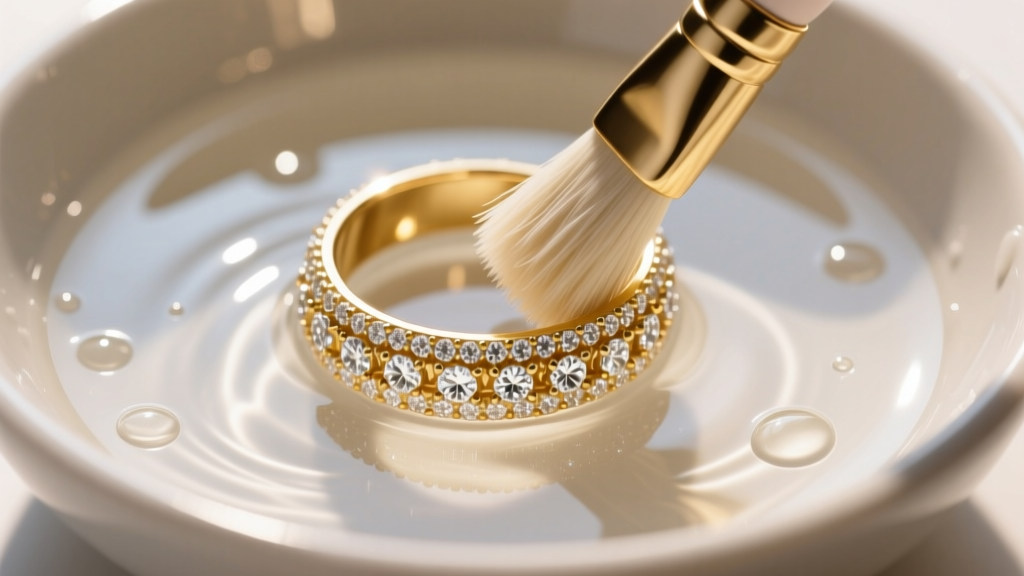 Soft brush cleaning a textured gold ring band with micro-pavé diamonds in a bowl of mild soapy water, photographed from above