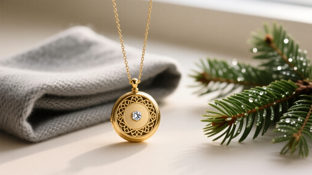 Flat lay of a vintage gold locket necklace and diamond pendant styled next to a folded grey wool scarf and green pine branches