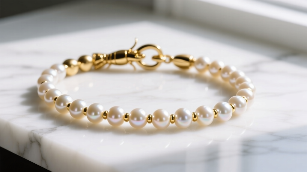 Close-up of a gold-filled beaded bracelet with freshwater pearls and a lobster clasp resting on a bright white marble surface.