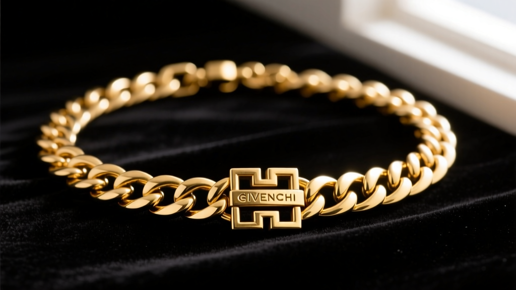 Close-up of a vintage 1980s Givenchy gold-plated chain necklace on black velvet, highlighting interlocking links and the clasp.