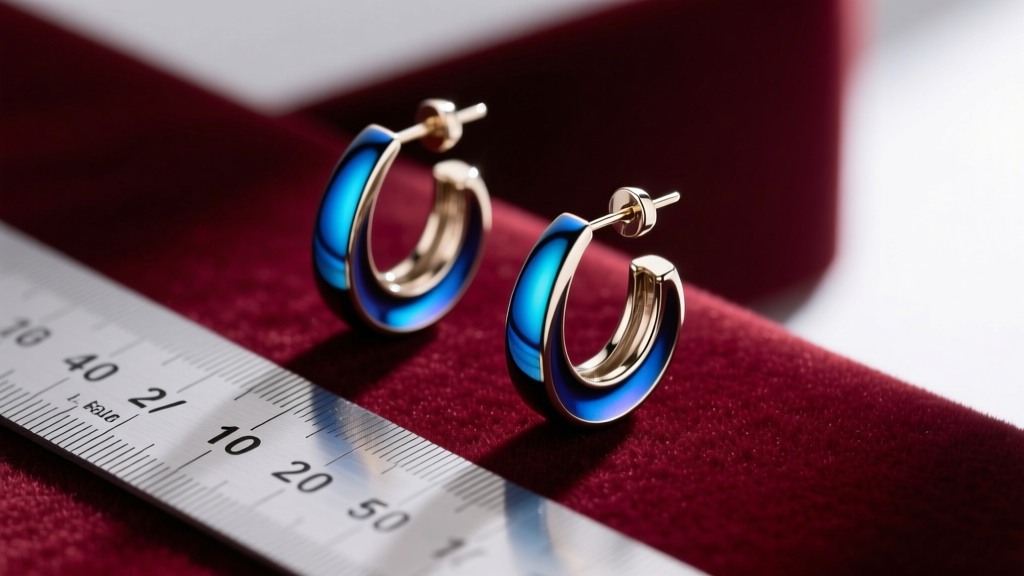 Macro shot of a 16-gauge titanium 3 earring set with anodized blue finishes on velvet, next to a millimeter ruler for scale.