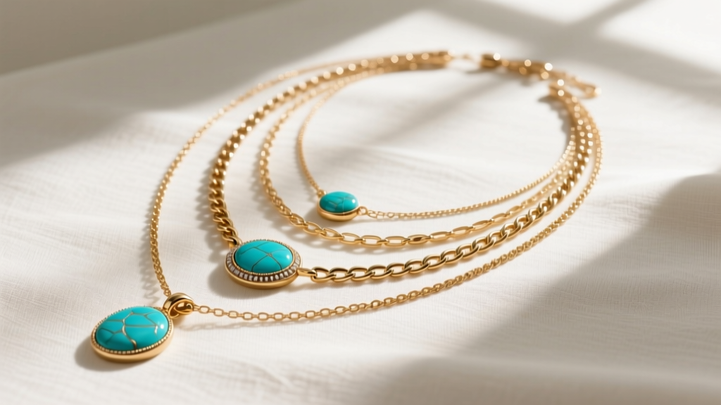 Flatlay of layered fashion necklaces with turquoise pendants and brass chains on linen, lit by soft directional window light