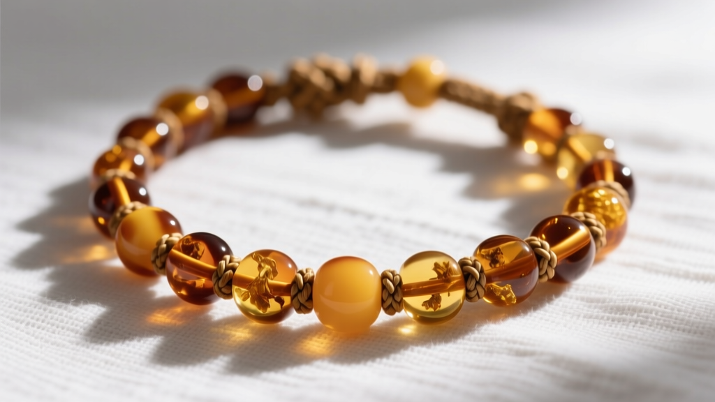 Close-up of a genuine Baltic amber baby teething necklace with individually knotted cognac beads resting on a clean white linen cloth.