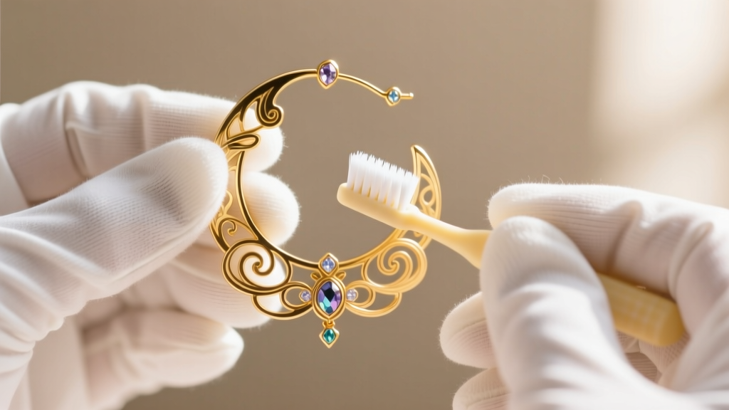 Hands in white cotton gloves using a soft baby toothbrush to gently clean the crevices of a gold anime cosplay hoop earring.