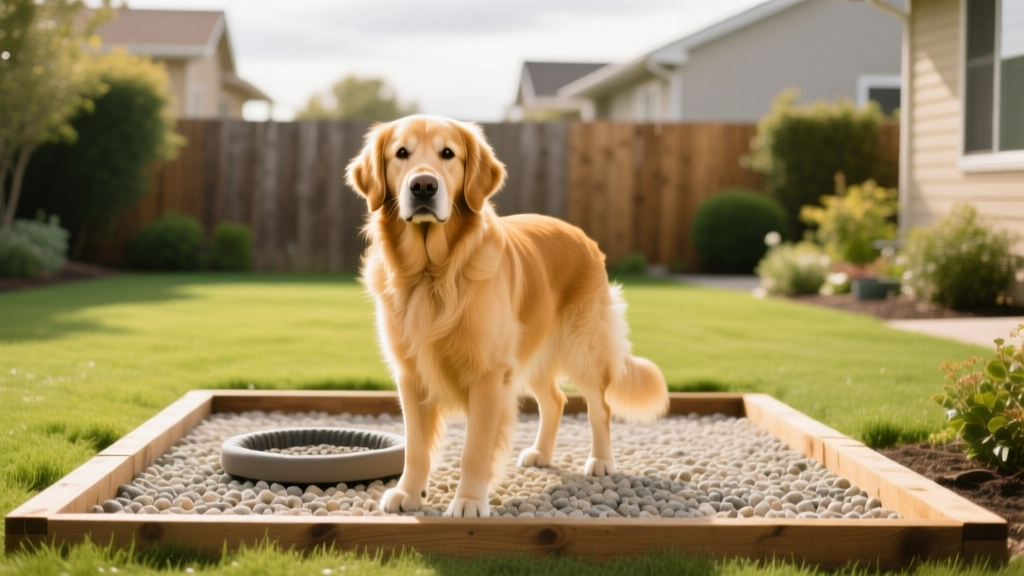 Golden retriever standing on clean pea gravel dog potty area bordered by timber edging and green lawn in a sunny suburban backyard