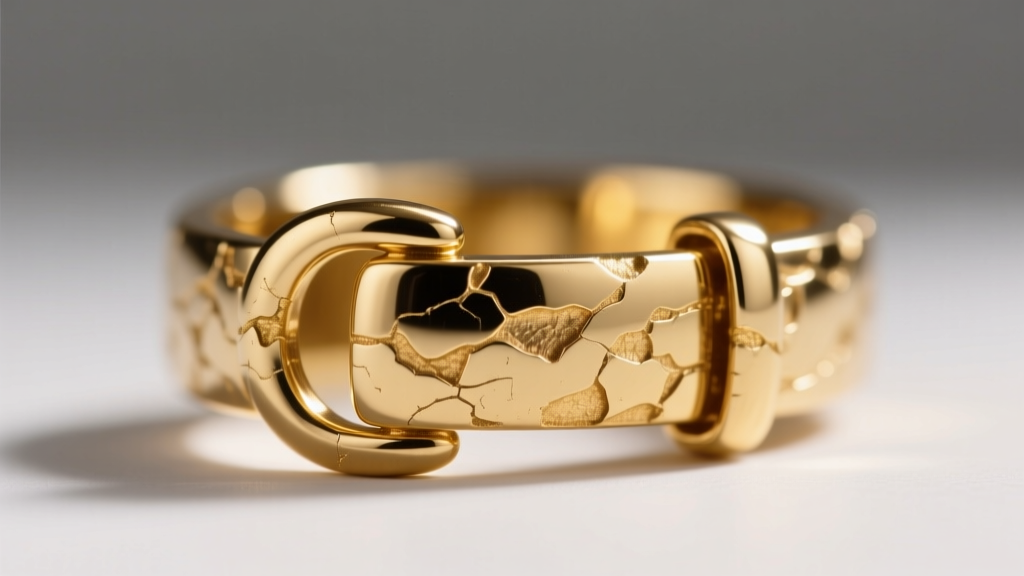 Macro shot of a gold-plated brass jewelry clasp showing micro-abrasions and the underlying base metal exposed through gold plating