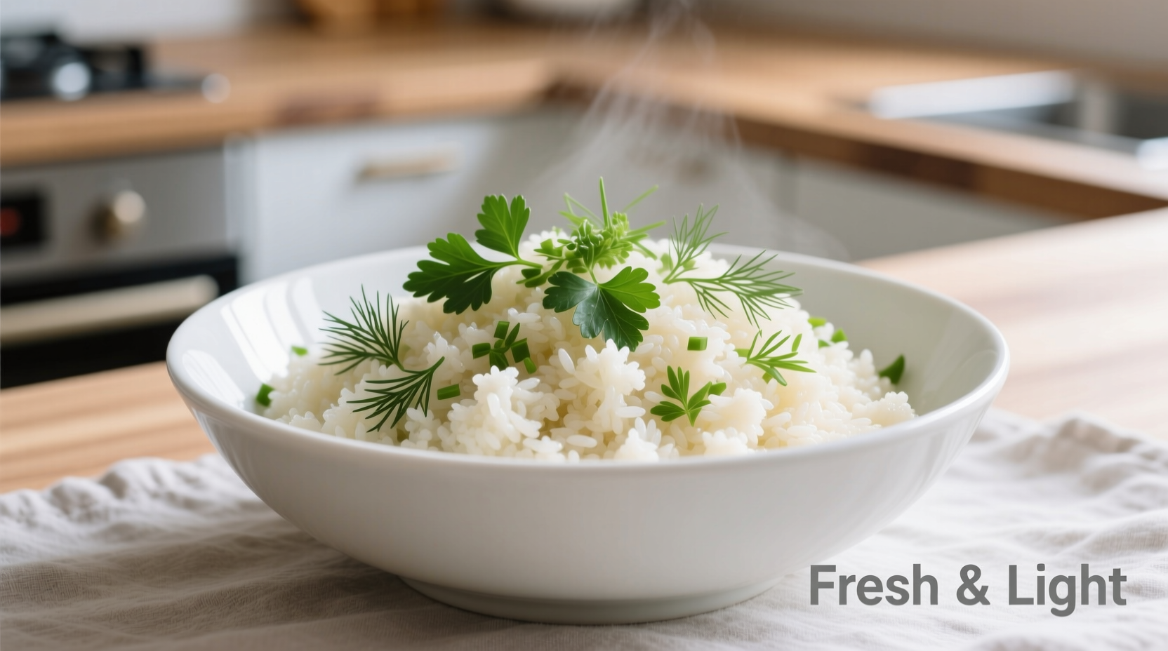 Fresh cauliflower rice in white bowl with herbs