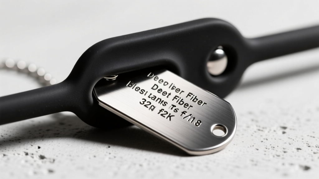 A matte black silicone dog tag silencer being stretched over a titanium tag, revealing deep fiber laser engraved text
