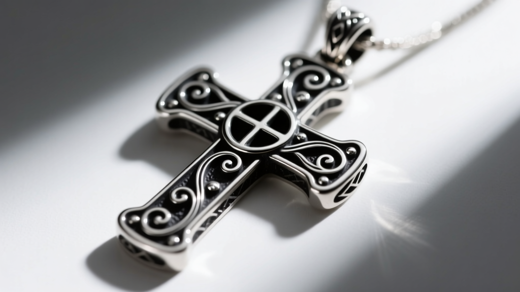 Close-up of bright-cut engraving on a jailhouse cross pendant revealing deep scrollwork and oxidized blackened recesses in silver