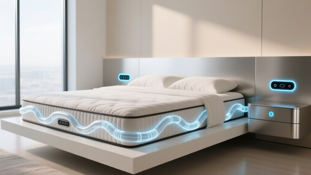 Close-up of a smart mattress cover featuring integrated water cooling tubes and a sleek bedside digital control hub