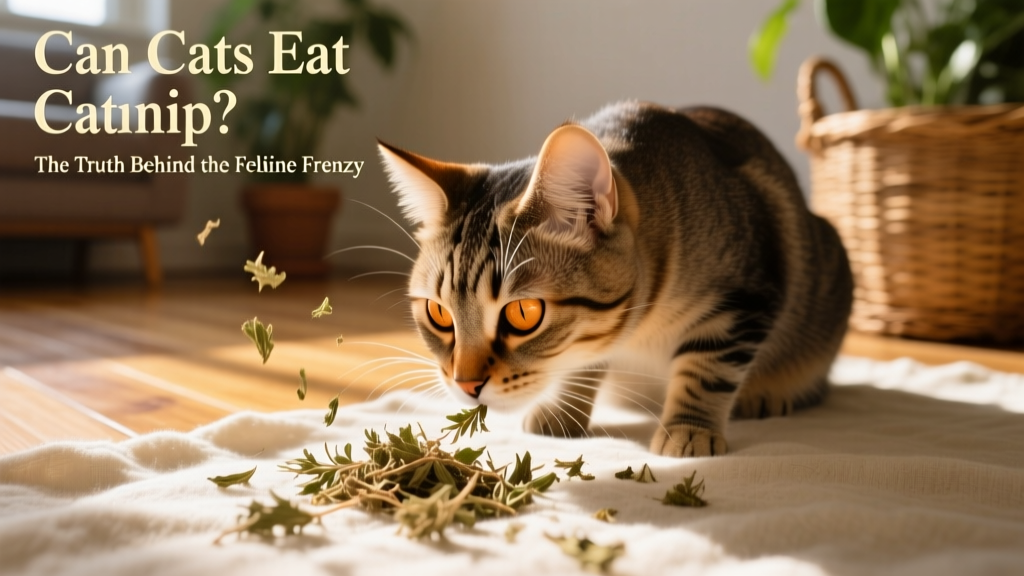 Close-up of a cat gently sniffing loose dried catnip leaves on a soft surface