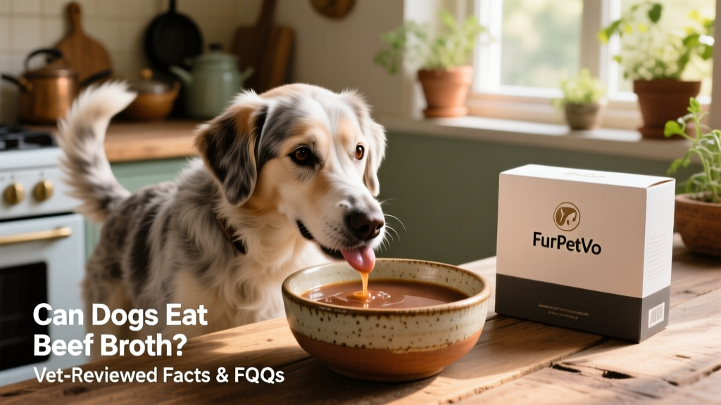 Happy senior dog lapping broth from a shallow ceramic bowl, with a FurPetVo logo subtly visible on the packaging beside the bowl