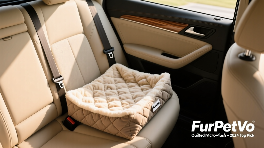 Top-down view of the FurPetVo Quilted Micro-Plush Dog Car Seat Bed installed on a rear car seat, showing belt loops and plush texture