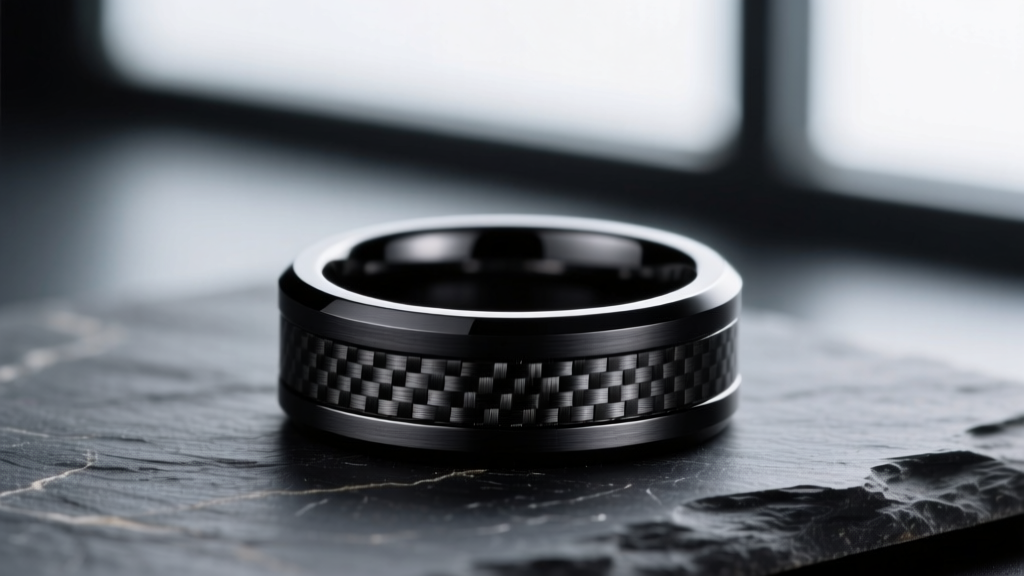 Macro shot of a mens tungsten carbide ring with matte black DLC finish and forged carbon inlay resting on dark slate surface