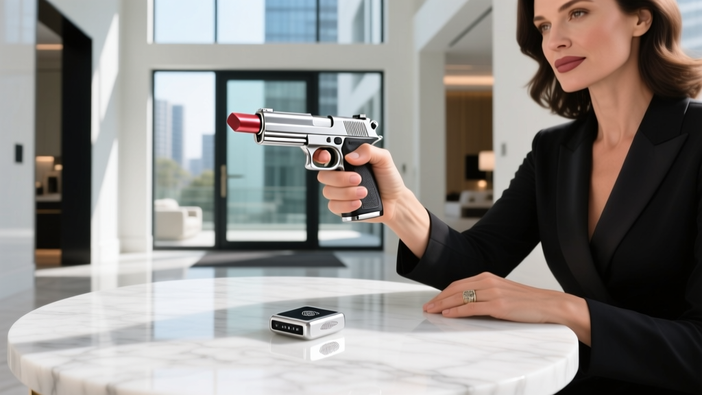 Woman holding a disguised lipstick stun gun and a silver cellular GPS tracker resting on a modern marble entryway table in bright daylight