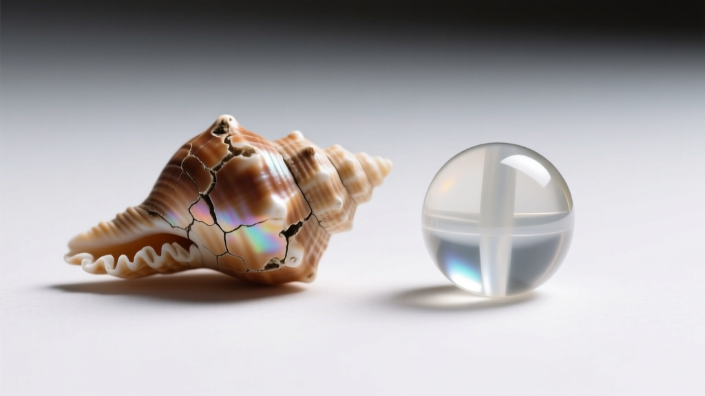 Close-up comparing a chipped natural conch shell bead with rough edges next to a flawless, injection-molded acrylic shell replica bead
