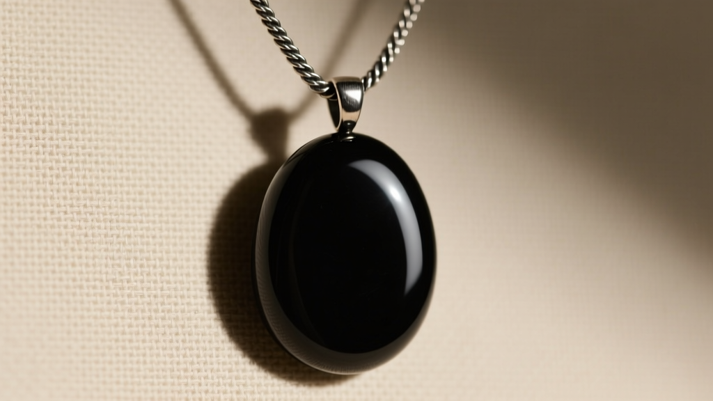 Close-up of a smooth polished black onyx stone pendant on a 1.5mm oxidized silver rope chain against a beige linen backdrop.