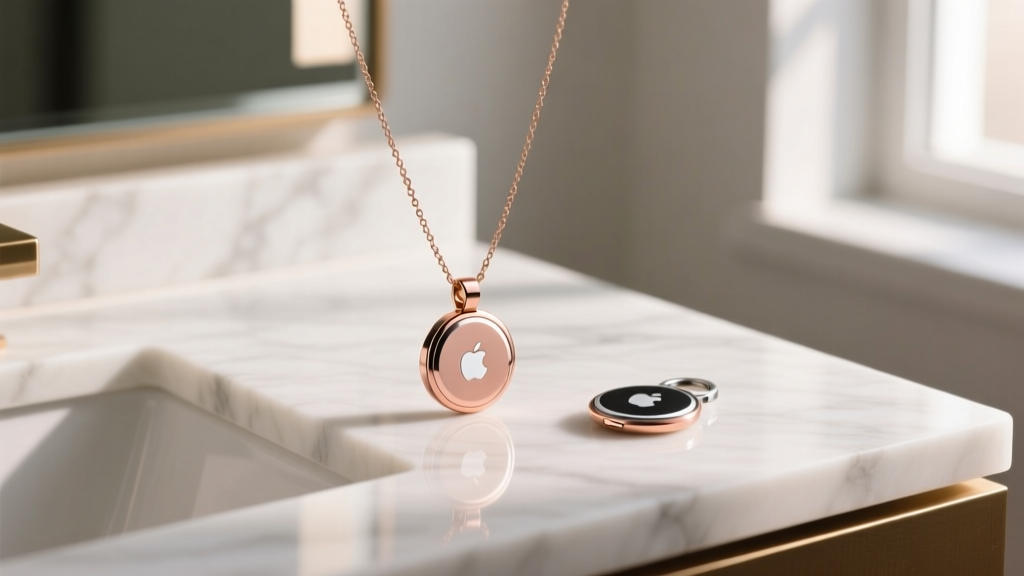 Rose gold Invisawear smart necklace pendant on a marble vanity next to an Apple AirTag, showcasing discreet modern safety tracking.