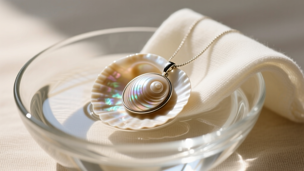 Soft microfiber cloth gently wiping a polished cowrie sea shell pendant over a glass bowl of distilled water and mild clear soap.