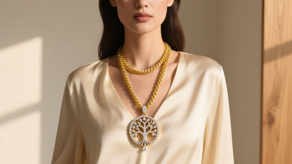 Woman wearing an 18-inch gold rope chain with a diamond tree of life pendant over a cream silk blouse in natural sunlight.