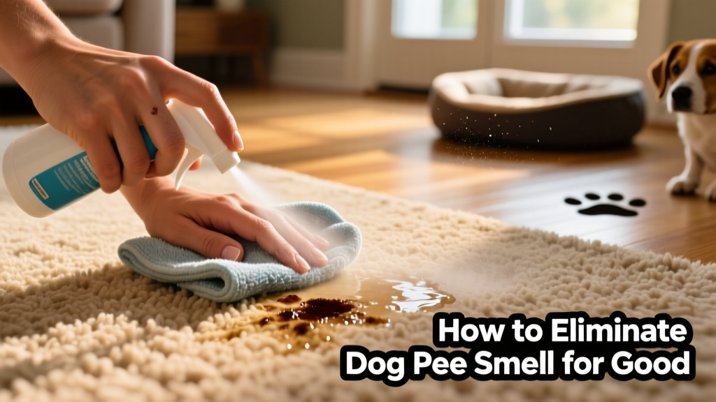 Hand applying enzymatic cleaner spray to a carpet stain, with a damp towel placed over the treated area