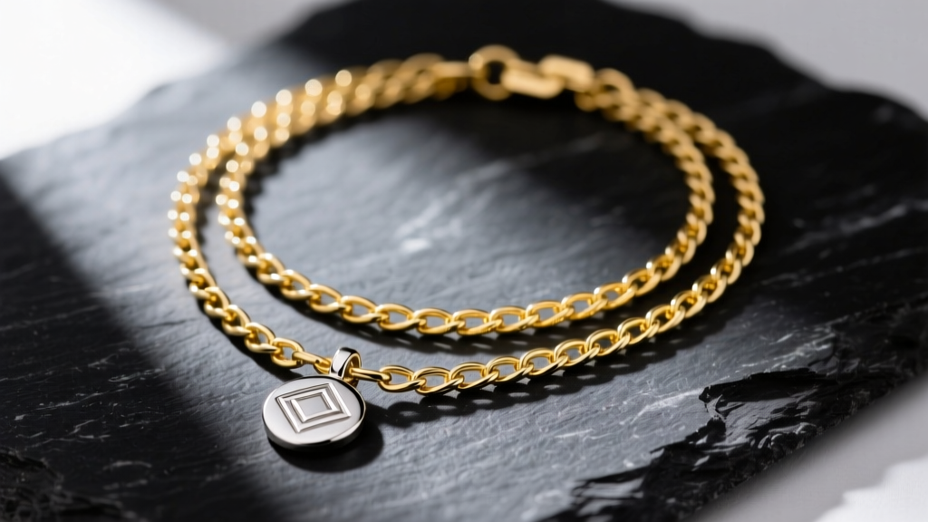 Close-up of a layered necklace set featuring an 18k yellow gold paperclip chain and a platinum pendant, resting on dark slate.