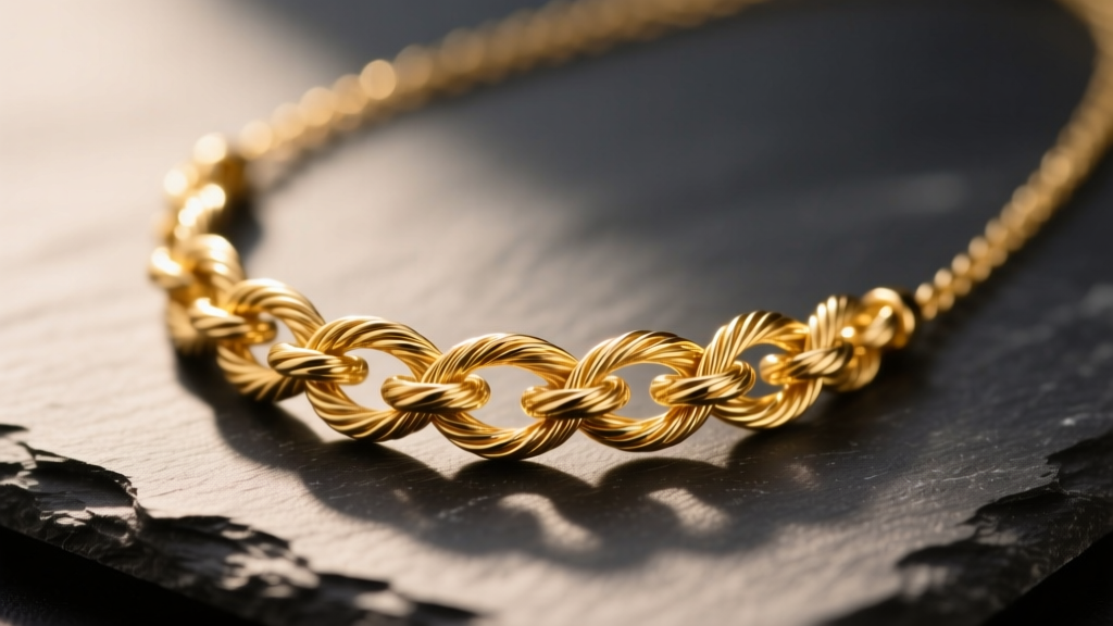 Macro shot of a tangled 14k gold micro-cable necklace on dark slate, warm light highlighting tight metal knots and delicate links.
