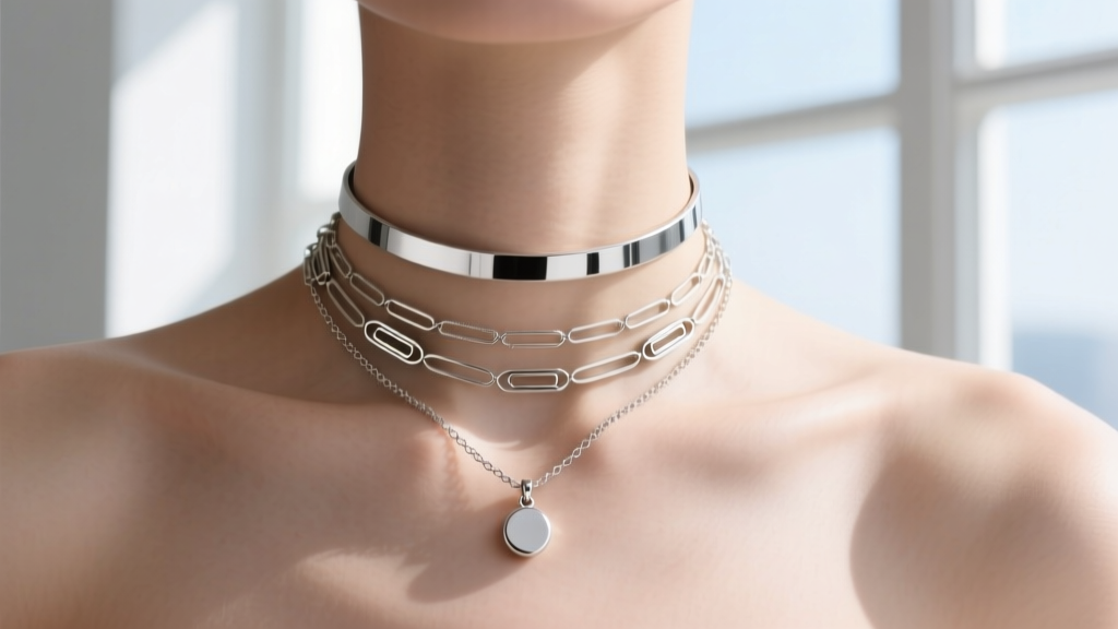 Layered stack featuring a micro paperclip chain, a choker, and a pendant on a collarbone, captured in bright natural daylight.