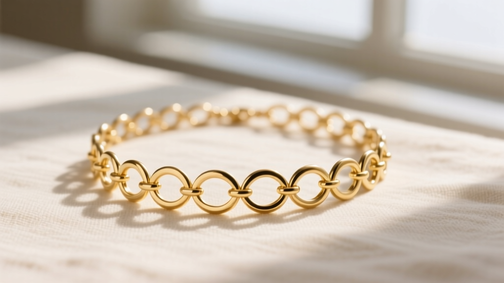 Close-up of a delicate 14k solid gold interlocking circles motherhood necklace resting on a soft cream linen fabric backgrounds