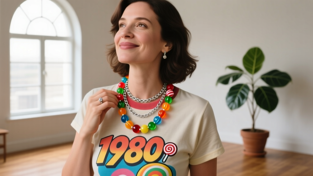 Woman layering a beaded candy snack necklace with a silver chain, wearing a vintage graphic tee in bright, natural window light.