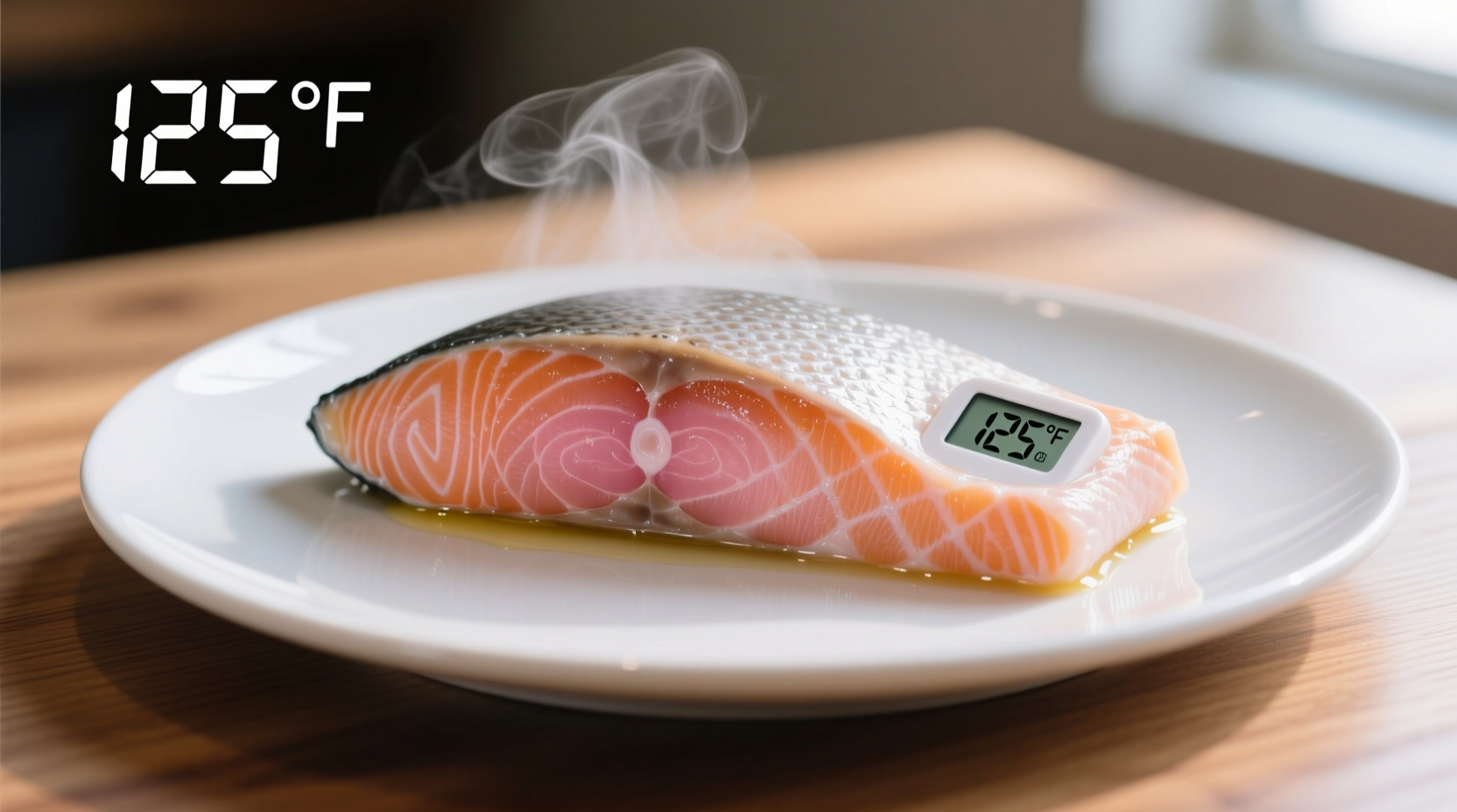 Perfectly cooked salmon fillet showing internal temperature reading
