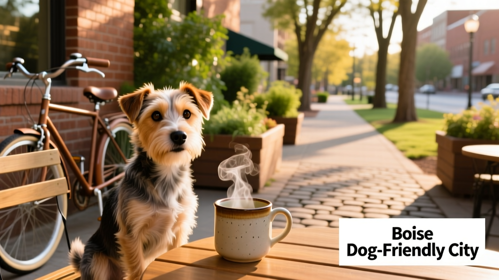 A small terrier mix sitting beside a steaming mug on a sunny café patio, with bicycles and greenery in the background