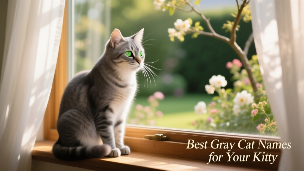 A serene gray cat sitting on a sunlit windowsill, gazing thoughtfully outside