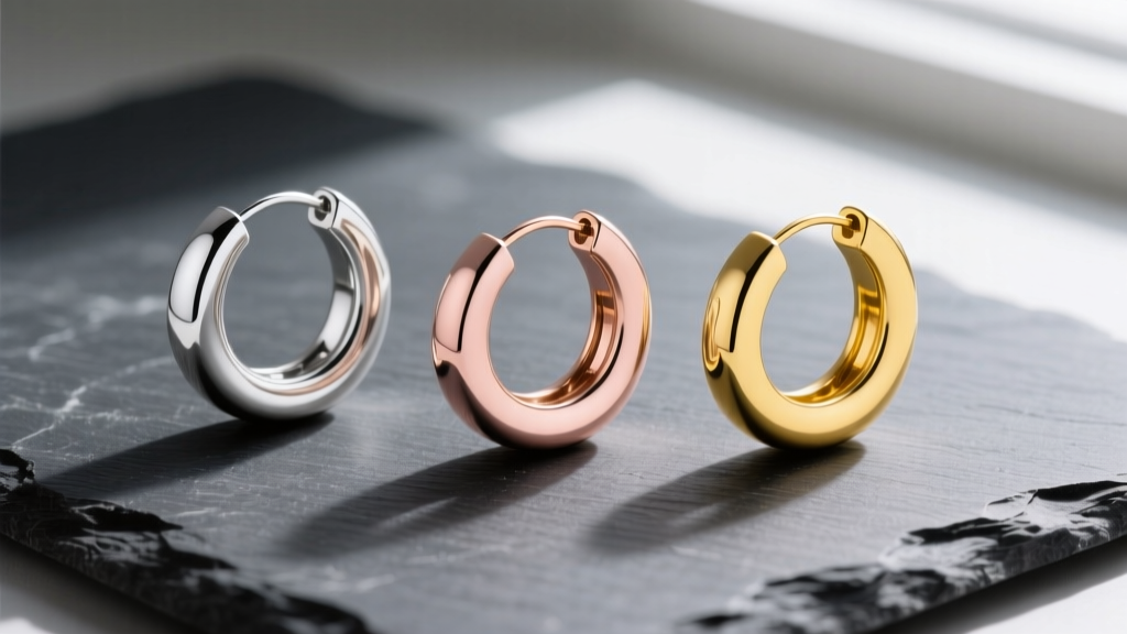 Flat lay of three large circular hoop earrings in silver, rose gold, and yellow gold resting on a dark grey textured slate surface