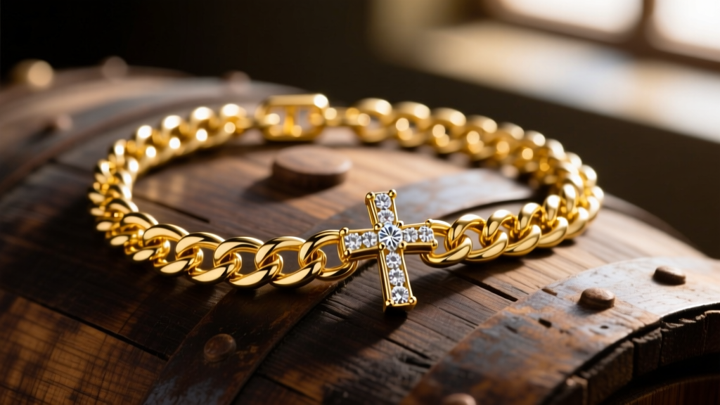 Close-up of a heavy 14k yellow gold Cuban link chain with a diamond cross pendant resting on a dark wooden whiskey barrel surface