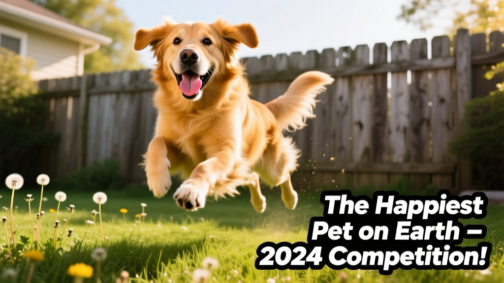 A joyful dog leaping mid-air with tongue out, against a sunlit backyard backdrop