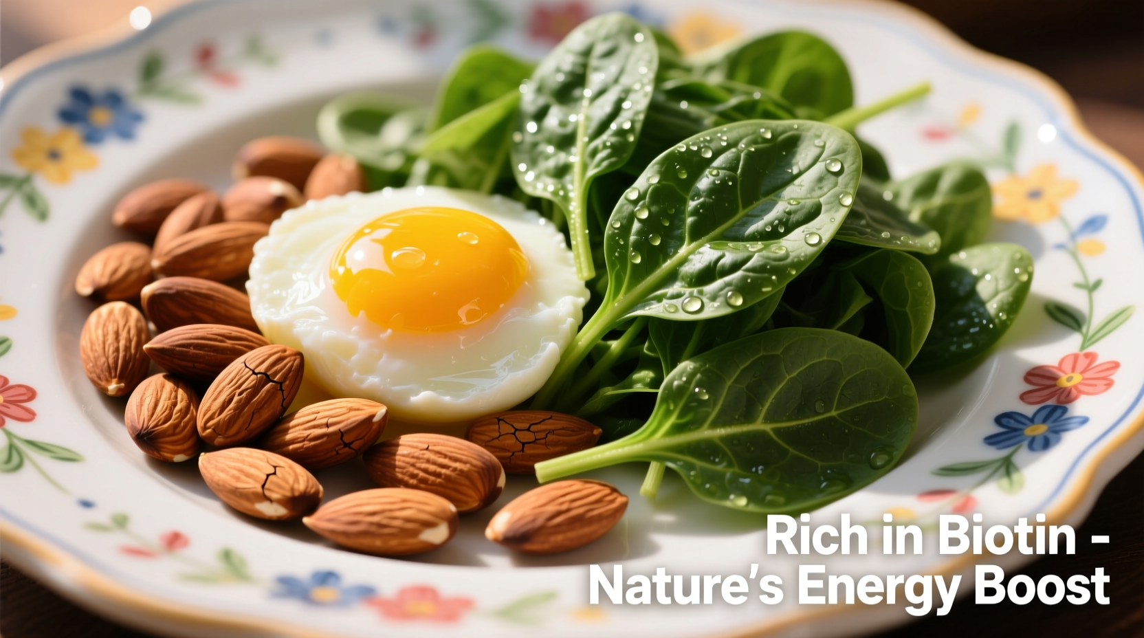 Colorful plate of biotin-rich foods including eggs, almonds, and spinach