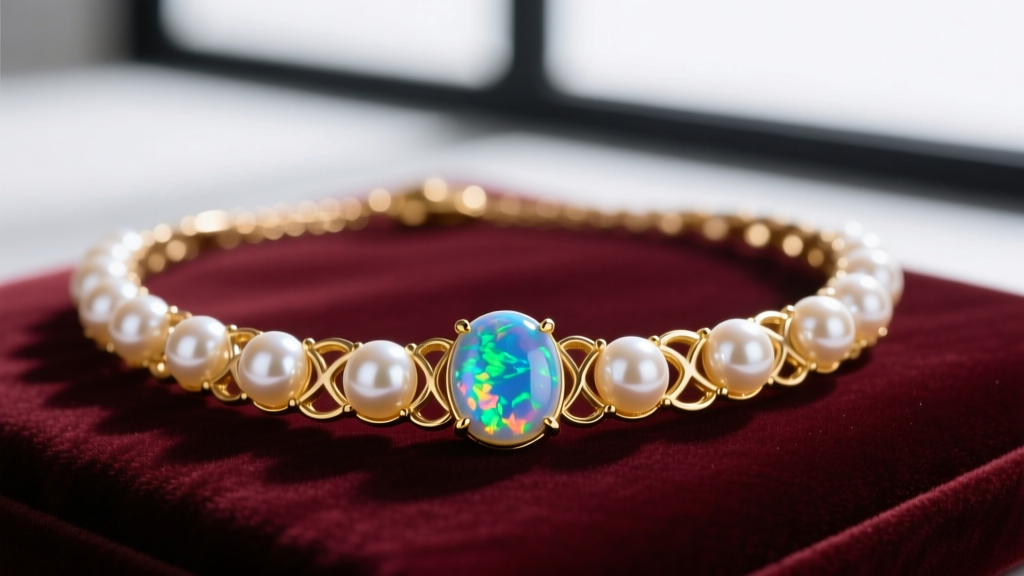 Macro of 14k gold opal pearl necklace on velvet showing blue-green play-of-color and bright white Akoya pearl luster