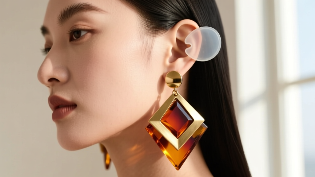 Transparent silicone support patch applied behind an earlobe to hold a heavy oversized brass and resin chandelier earring securely