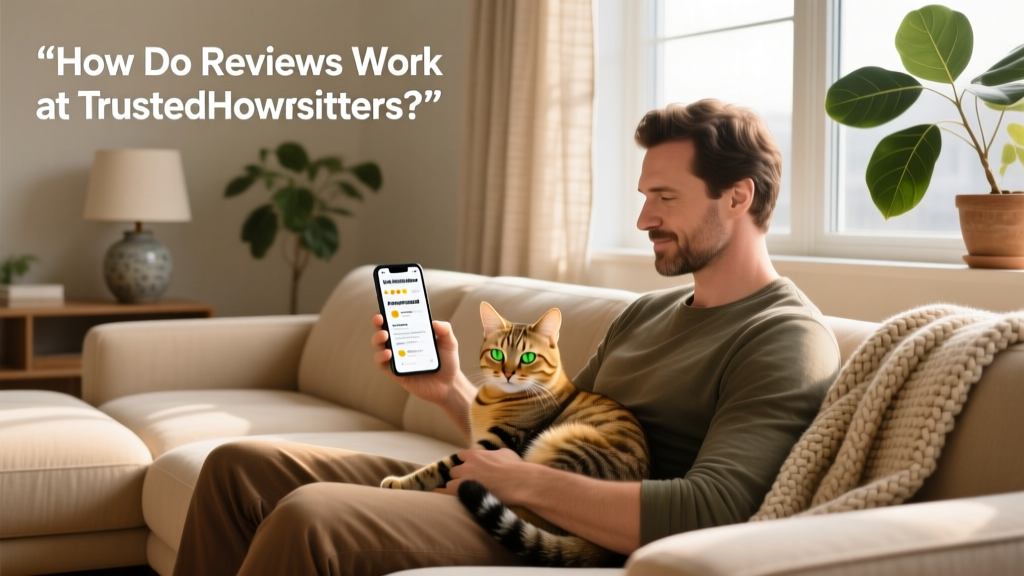 Person lounging on a sofa, gently petting a tabby cat while reviewing on their smartphone