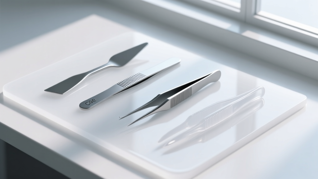 Overhead view of museum-grade epoxy, micro-spatulas, and silicone tweezers arranged on a clean white silicone repair mat.